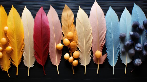 a collection of feathers and feathers on a dark background