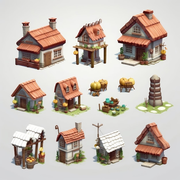 A collection of figurines of a house with a roof that says " the house ".