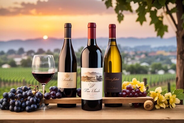 a collection of fine wines on the wooden board with a blurred sunset over a vineyard