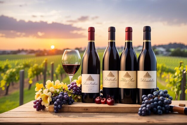 a collection of fine wines on the wooden board with a blurred sunset over a vineyard