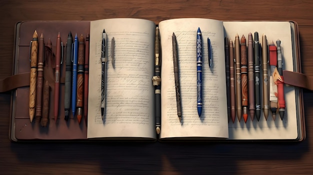 A collection of fine writing instruments on a leatherbound notebook