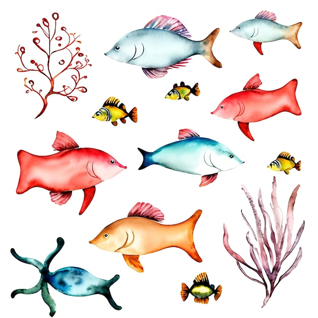 A collection of fish and corals on a white background