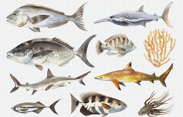 a collection of fish and sharks