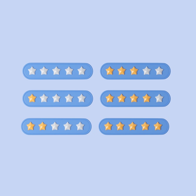 Photo collection of five stars rating bubble with feedback quality isolated on blue background 3d render illustration