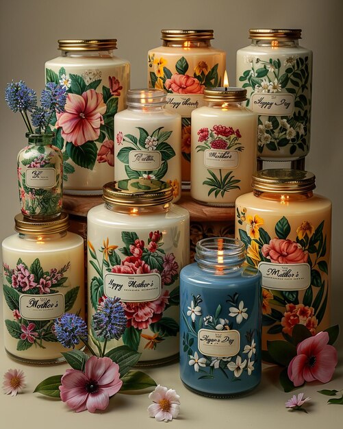 Photo a collection of floralthemed candles background