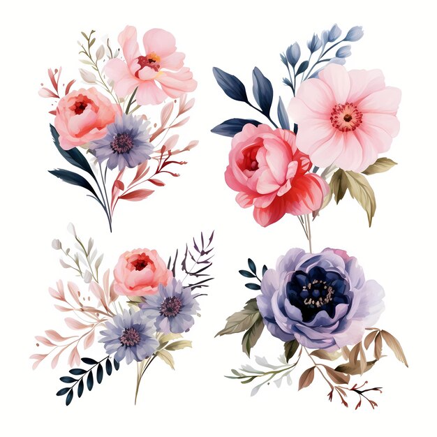 Collection of flowers beautiful watercolor set of design ornaments