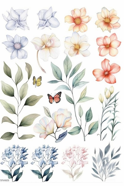 A collection of flowers and butterflies.