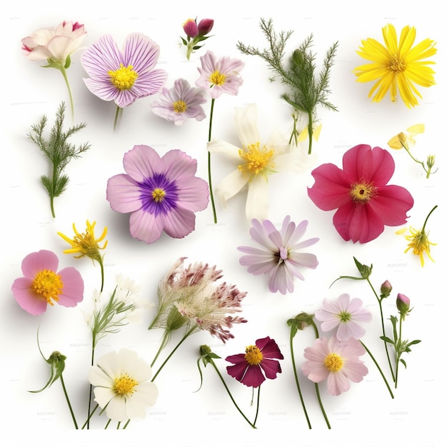 A collection of flowers including one that has a yellow flower.