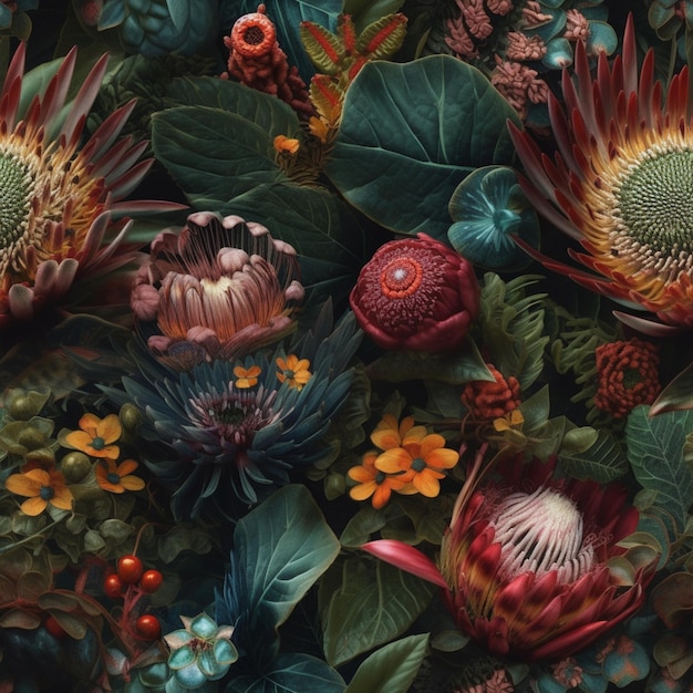 A collection of flowers including a protea.