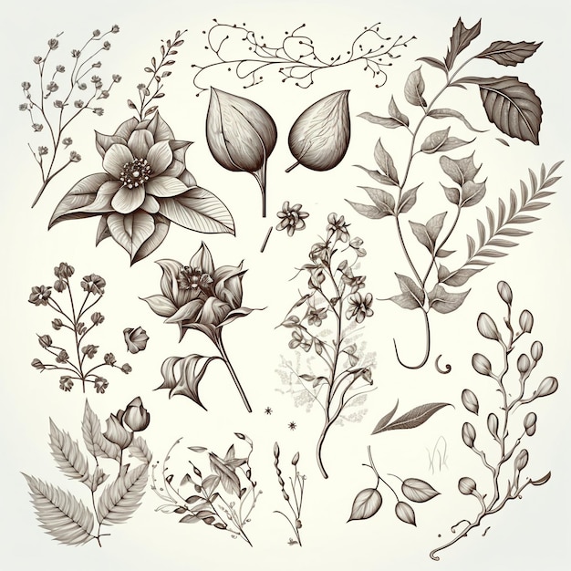 A collection of flowers and leaves.