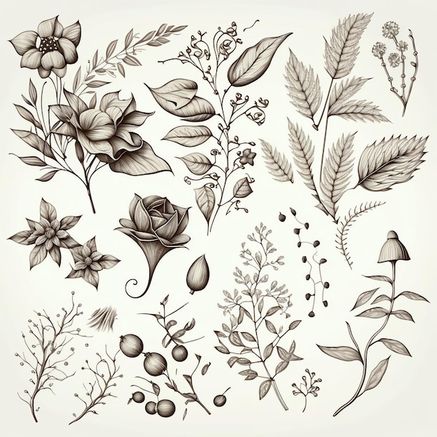 A collection of flowers and leaves.