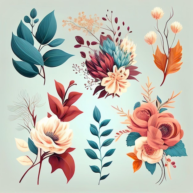 A collection of flowers and leaves