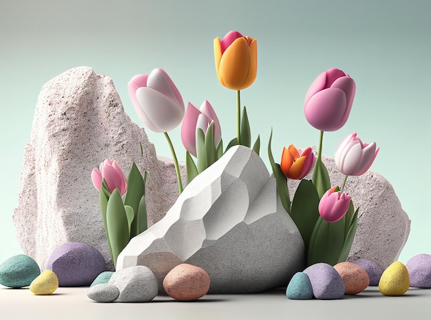 A collection of flowers and rocks with a stone in the middle.