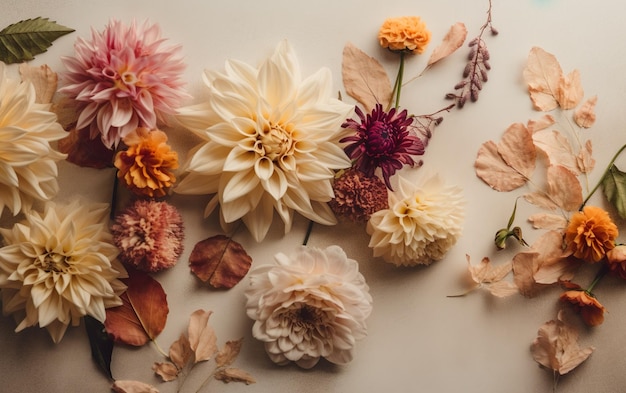 A collection of flowers on a table with autumn leaves on it