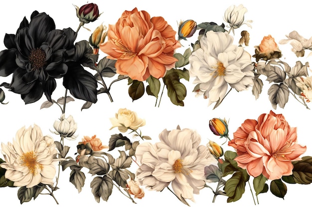 A collection of flowers with a black and white background.