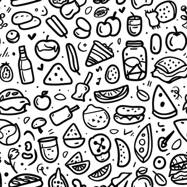 a collection of food and drinks including a drawing of a food