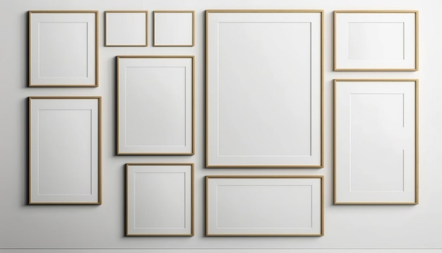 A collection of framed frames on a white wall.