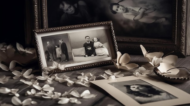 A collection of framed photographs with a couple and a flower on the table.