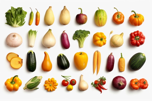 Collection of fresh vegetables on white background top view flat lay