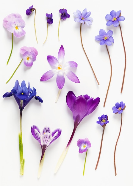 Collection of fresh wild spring flowers in purple color