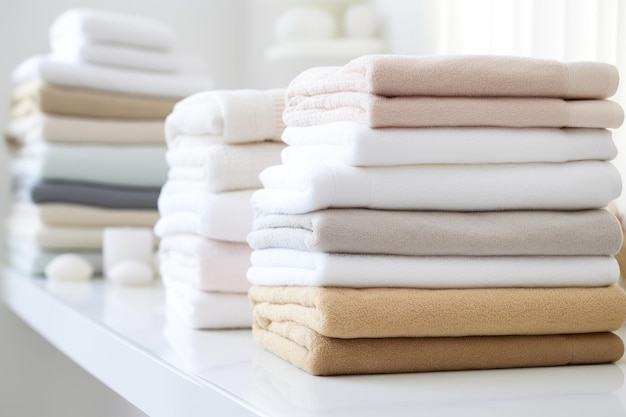 A collection of freshly washed and gentle towels neatly positioned on a backdrop of pure white