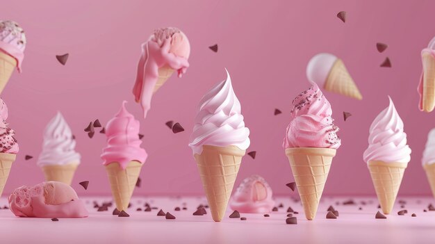 A collection of frozen yogurt cones d style isolated flying objects memphis style d render AI generated illustration