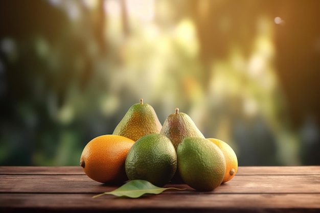 a collection of fruit displayed on top of a table made of wood