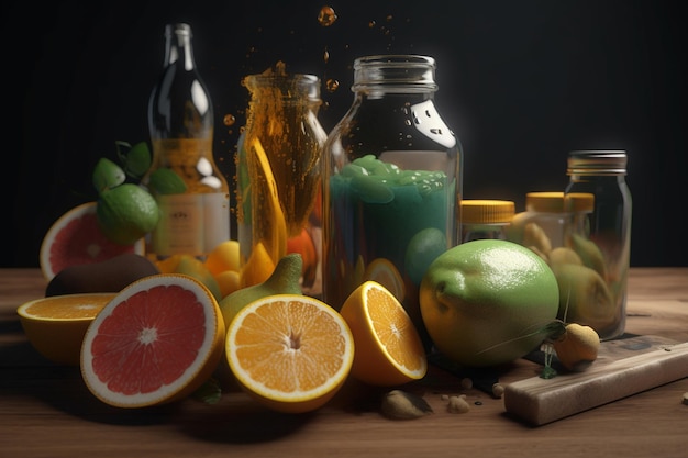 A collection of fruit and juices are arranged on a table.