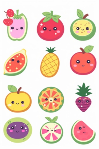 A collection of fruit stickers with the words " fruit " on the bottom.