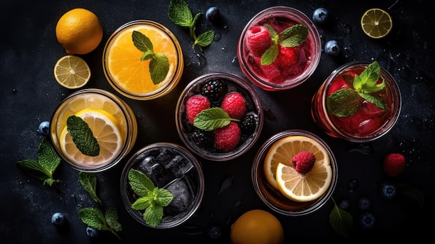 a collection of fruit and veg drinks with fruits and berries.