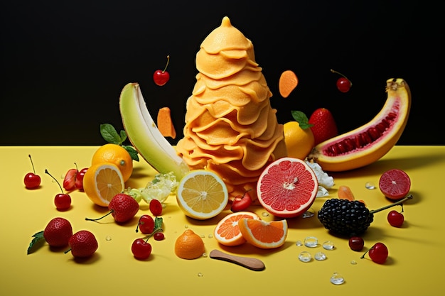 A collection of fruits and ice creams