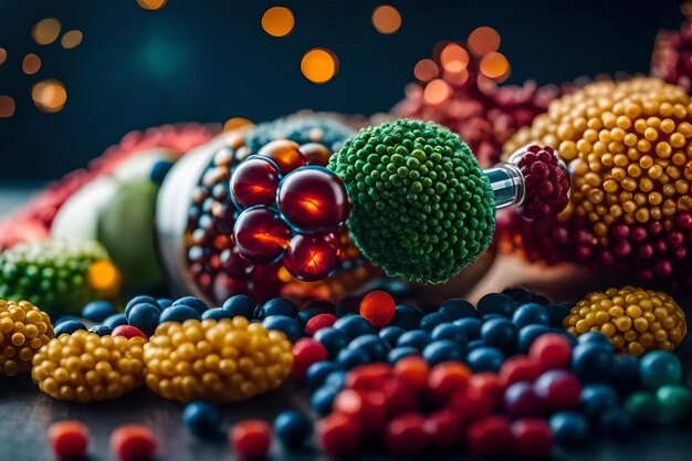 Foto una collezione di frutti tra cui broccoli, uva e altri frutti.