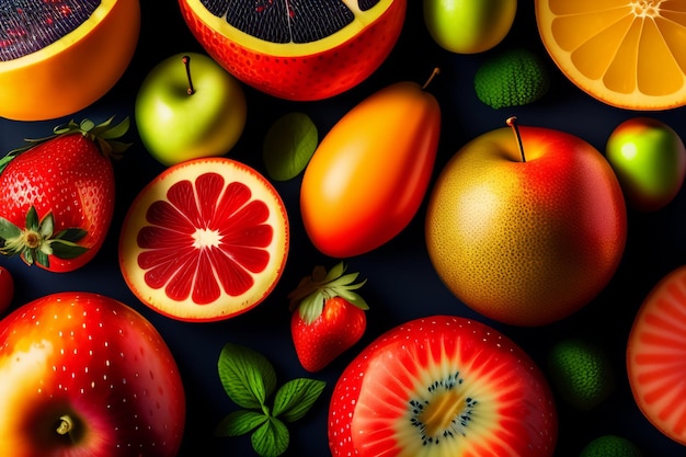 A collection of fruits including a strawberry, kiwi, kiwi, and kiwi