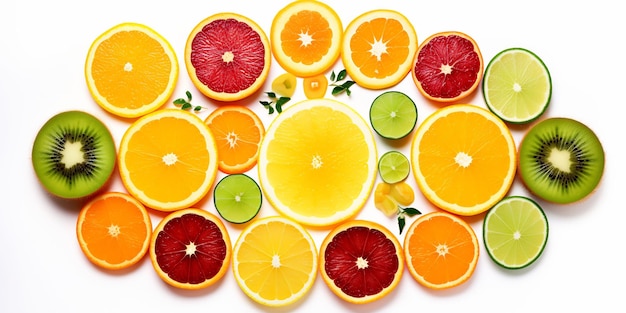 a collection of fruits that are cut in half and are arranged in a circle.