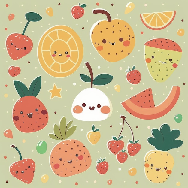 A collection of fruits and vegetables on a green background.