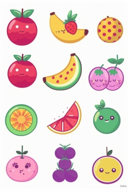 A collection of fruits and vegetables that are in a cartoon style.