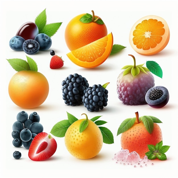 A collection of fruits with leaves on them