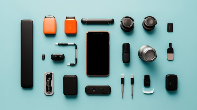 A collection of gadgets including a phone, a phone, and a phone