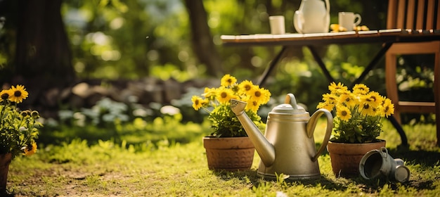 Коллекция садовых инструментов и цветочных горшков в спокойной и яркой солнечной садовой обстановке
