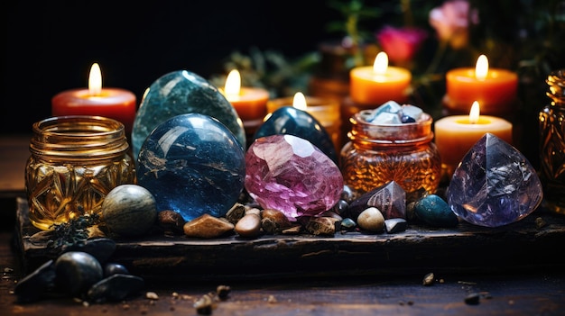 Photo a collection of gemstones and candles