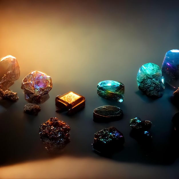 A collection of gemstones including one that is made by the company of the gem.