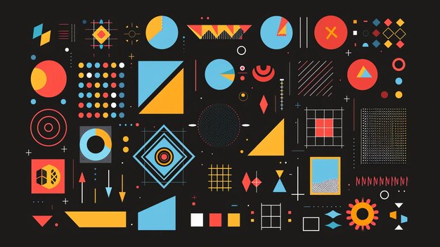 Коллекция геометрических форм в ярких цветах на черном фоне Формы включают круги квадраты треугольники и линии