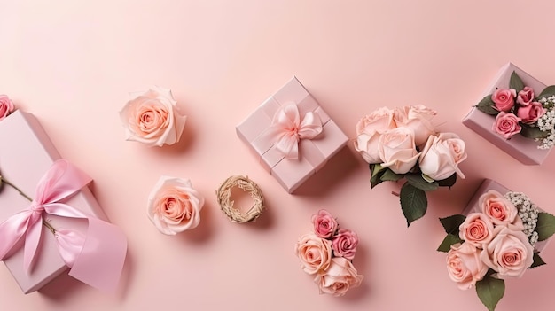 Коллекция подарочной коробки и розовых цветов на розовом пастельном фоне
