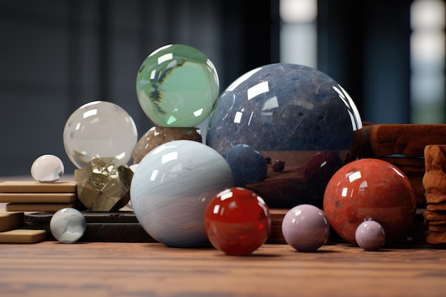 a collection of glass balls on a wooden table.