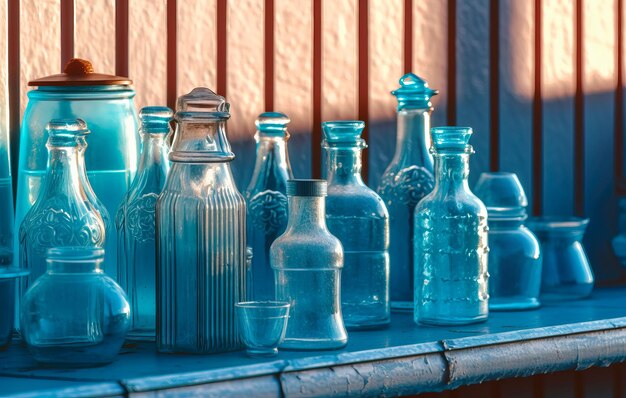 a collection of glass bottles with a blue label on them