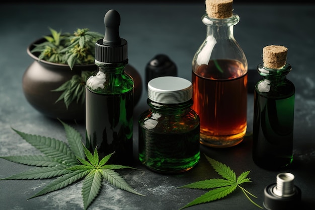 Collection of glass bottles with CBD oil and THC tincture in various sizes and shapes Generative AI