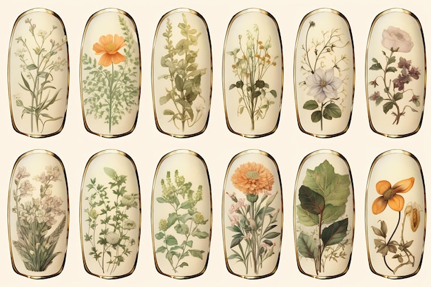 the collection of glass bottles with flowers and leaves