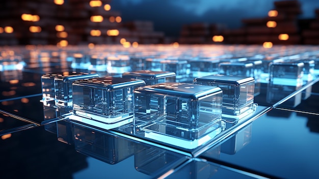 A collection of glass cubes with a blue sky in the background