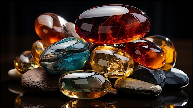 A collection of glass gemstones and other gems.