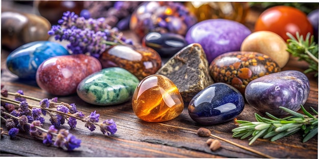 Photo a collection of glass marbles with purple flowers on a wooden table